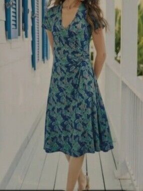 Soft Surroundings Blue And Green Giselle Floral Faux Wrap Midi Dress